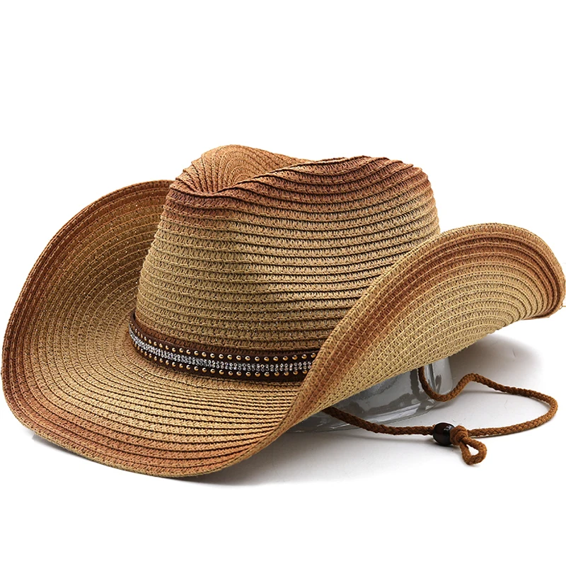 

New Men cowboy Straw Hats Summer Women Jazz Hat With Belt Khaki Unisex Hollow Breathable Beach Vintage Male Ladies Fedora Hat
