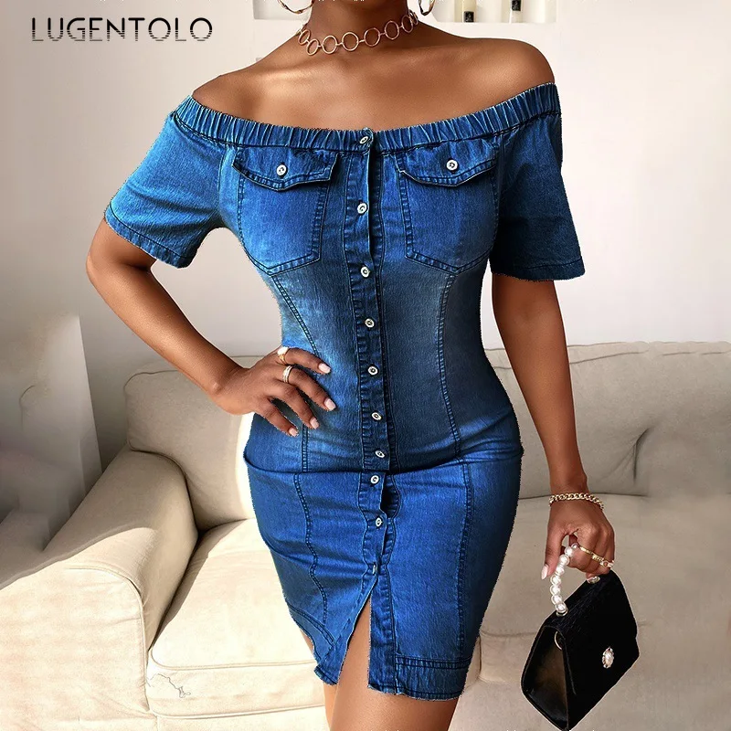 

Lugentolo Women Sexy Dress Denim Hotsweet Slim Slash Neck Single-breasted Lady Short Sleeve Skinny Summer Thin Pencil Dress