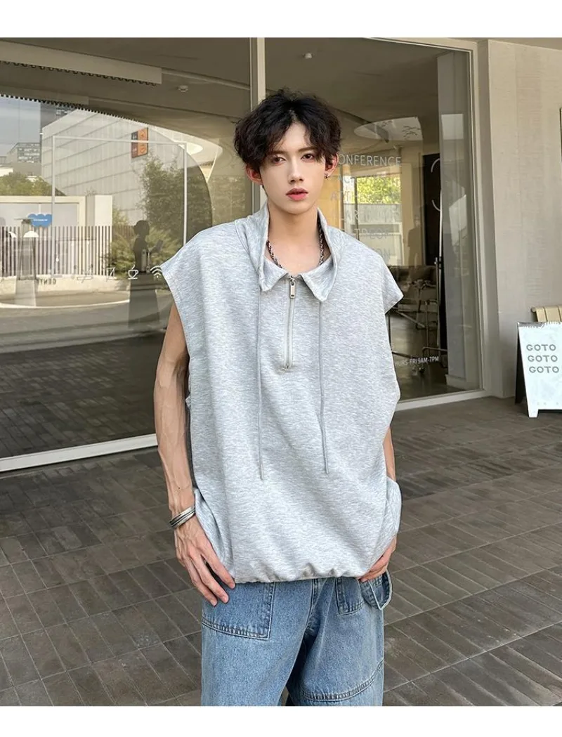 Half Zipper Lapel Vest Men's Summer American Retro Trend Sleeveless T-Shirt Teen Versatile Loose Vest