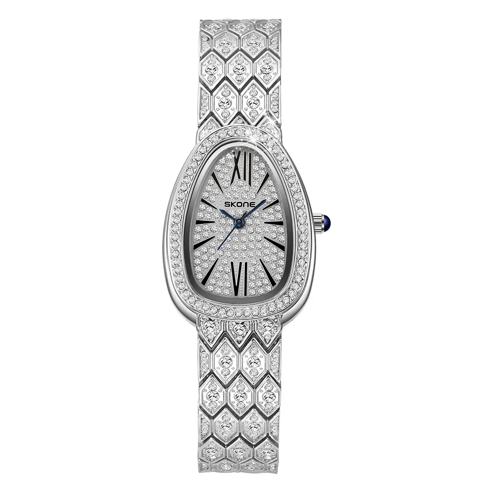 Skone Popular Light Luxury Brand Snake Full Diamond Women's Quartz Watch Classic Diamond Double Ring Versatile Alloy Watch
