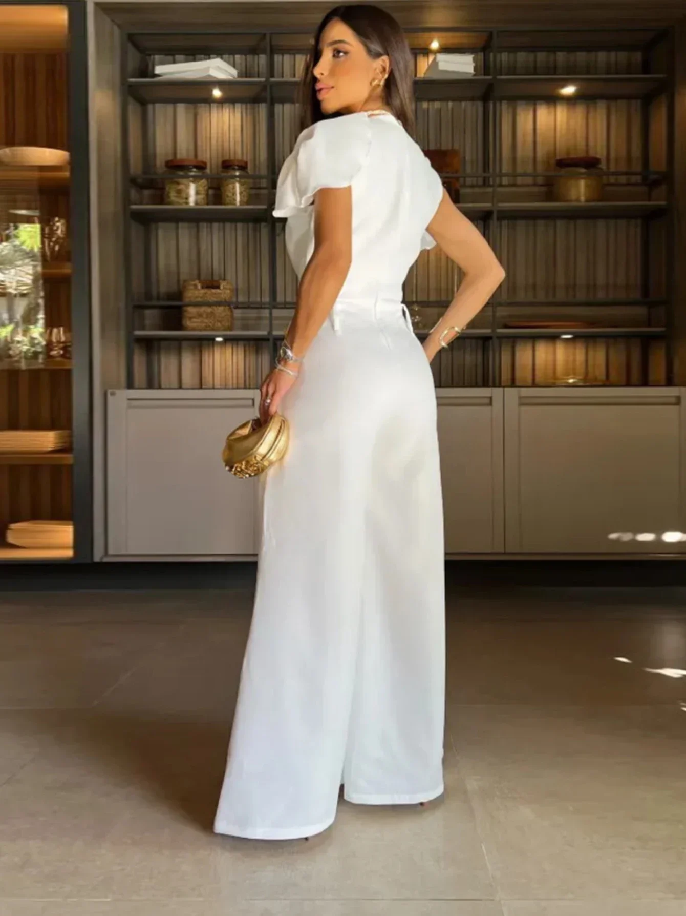 2024 New Elegant Solid Hole Button Women's Jumpsuit O-neck Butterfly Sleeve Loose Long Pants One Piece Suit Summer Women Fashion