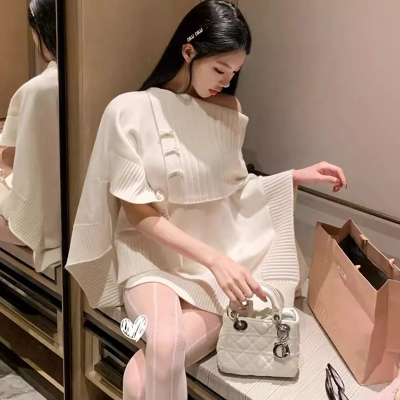 Autumn and Winter New One-word Shoulder Bow Solid Color Women's Sweater Elegant Fashion Loose Cape Coat Knitwear Pullover Top