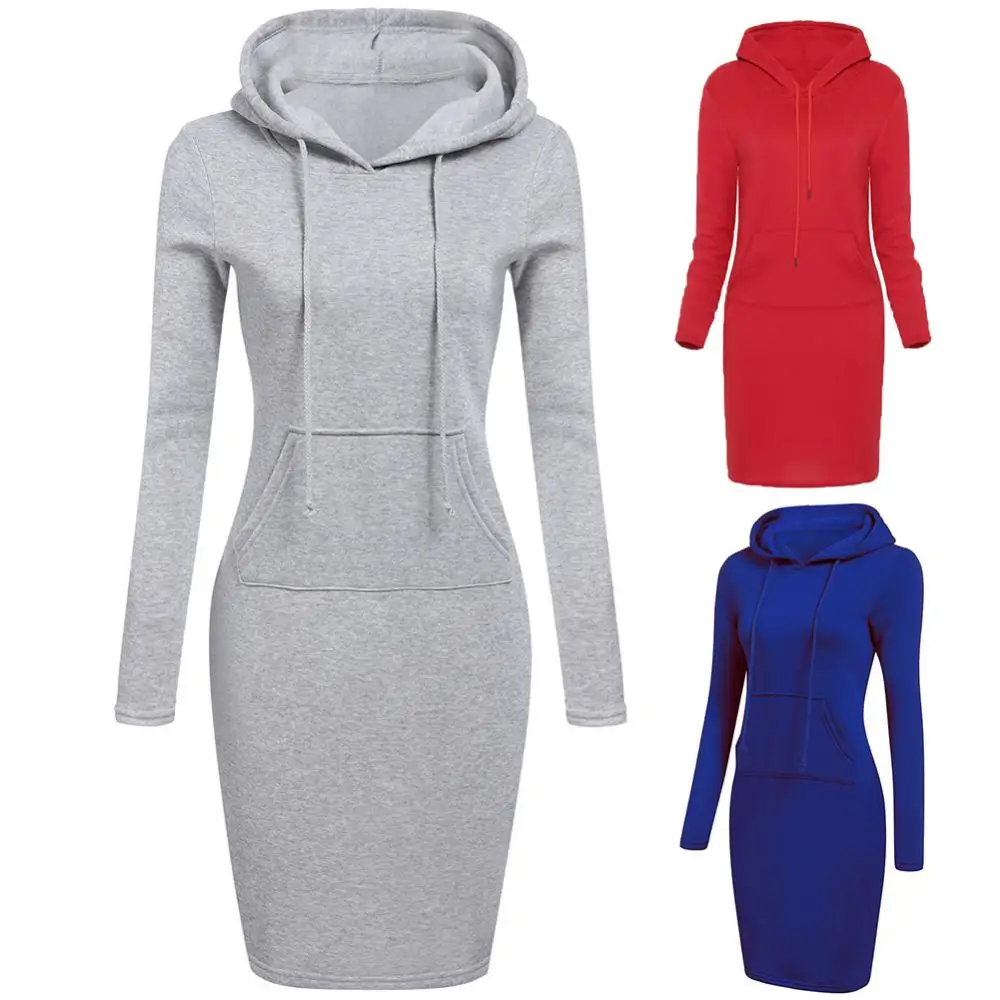 

Casual Solid Color Long Sleeve Bodycon Hoodies Women Hooded Knee Length Dress
