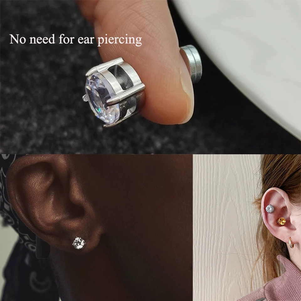ZAKOL Crystal CZ Strong Magnetic Ear Stud Clip Earrings for Men Women Punk Round Zircon Non Piercing Jewelry