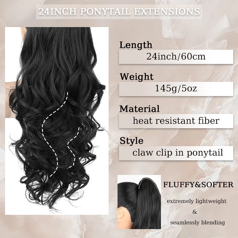 24inch Wavy Ponytail Hair Extensions Wig Long Wavy Curly Claw Clip Ponytail Hairpiece for Women Daily&Party Use Hair Accessories