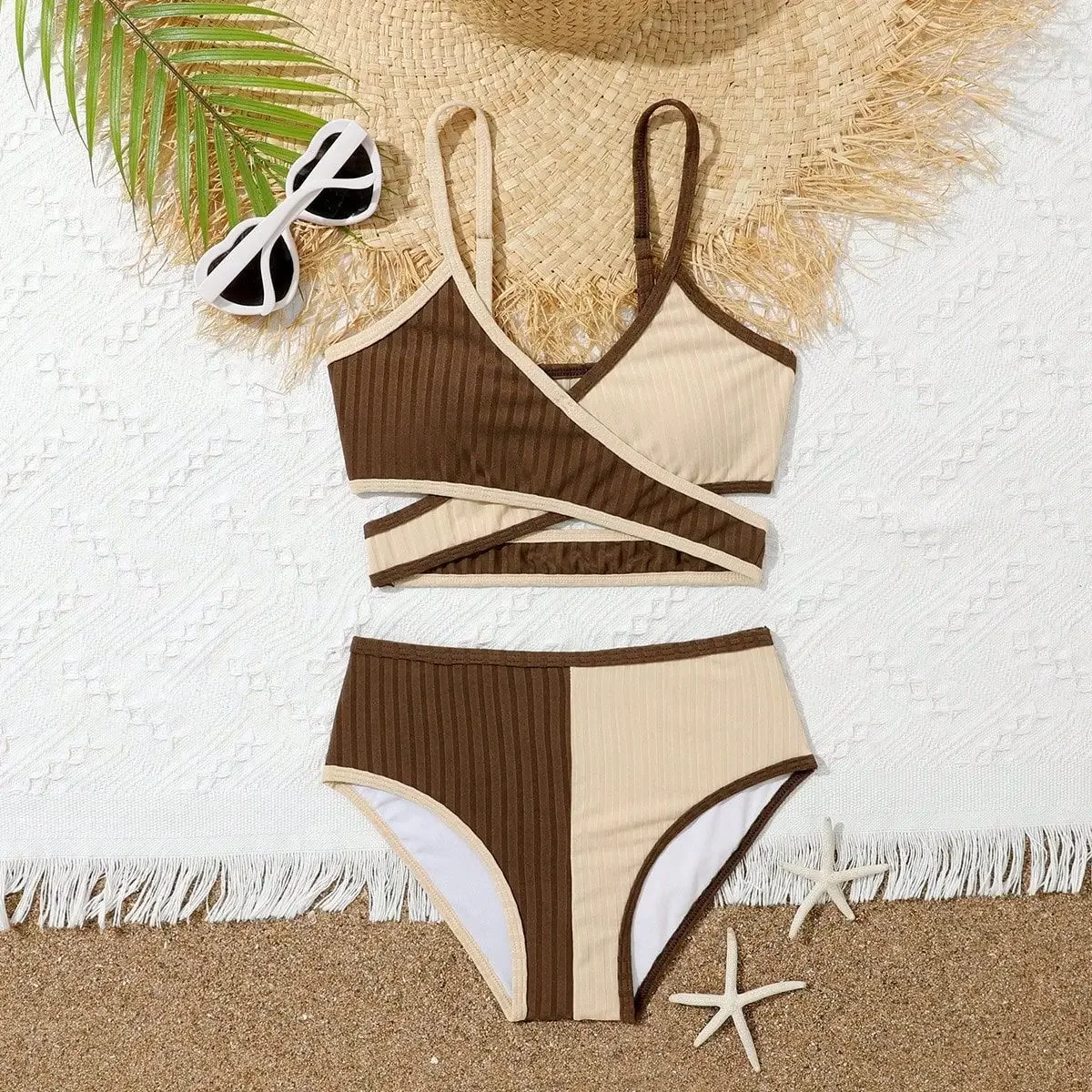 Girls Two Pieces Brown High Waist Bikini Sets Kids Cross Wrap Swimsuit Children's Bathing Suit Teenages 7-12 Years Swimwear