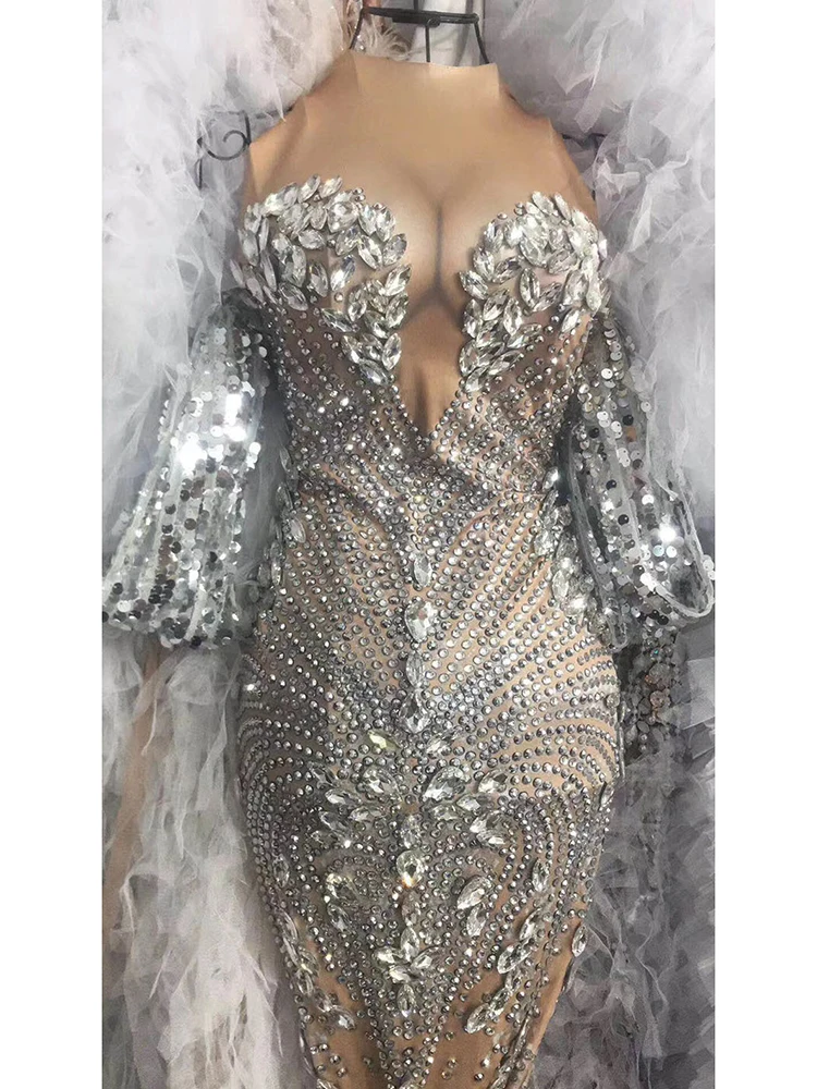 Flashing Silver Rhinestones Sequined Floor Length Dress Women Birthday Prom Celebrate Outfit Evening Women Long Big Tail Dress