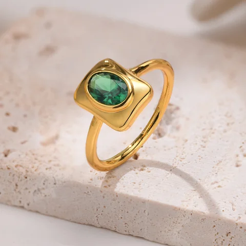 Square Rectangular Baguette Ring with Green Stone Stylish Stacking Finger Women Jewelry