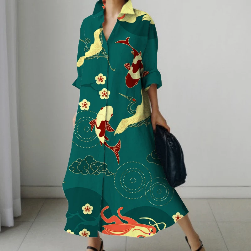 

Women's Autumn Polka Dot Beach Dress 2023 Fashion Bohemian Style Casual O Neck Long Sleeve Carp Crane Women's Dress Plus Size