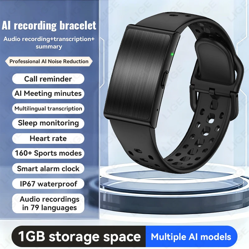 LIGE AI 스마트 녹음 팔찌 79개 언어 지원 1GB 오디오 음성 녹음기 스..
