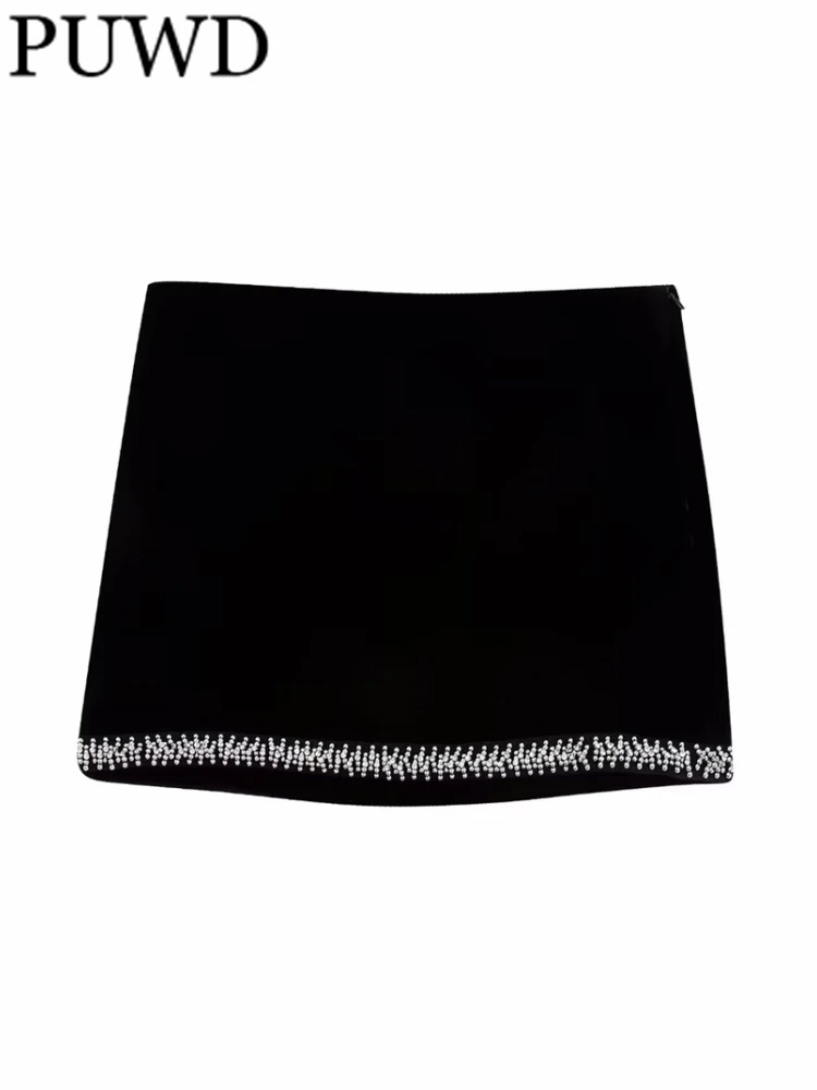 

PUWD Women Fashion Black Velvet Mini Skirts 2023 Summer Vintage High Waist Side Zipper Female Slim Bottoms Mujer