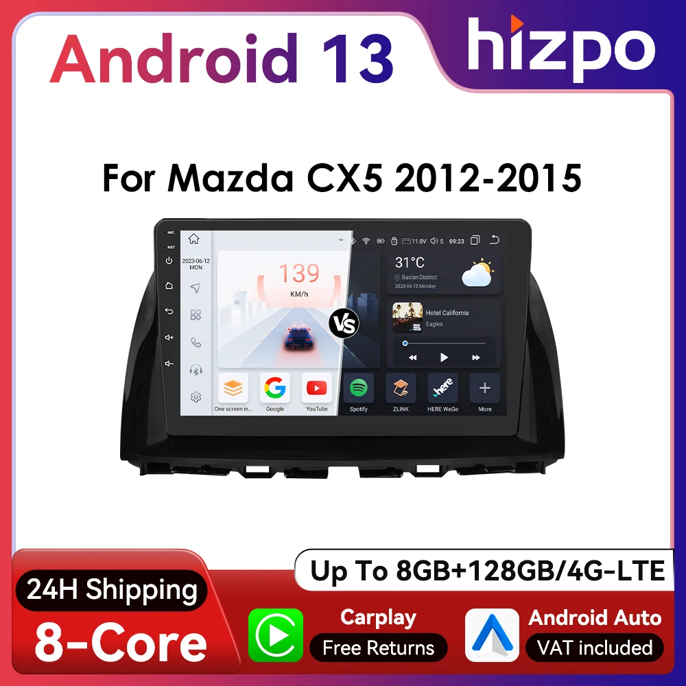 10,1" Hizpo 2Din Android13 Autoradio für Mazda CX-5 2012 - 2015 DSP RDS GPS Navigation BT 4G Android Auto CarPlay 360 ° CAM