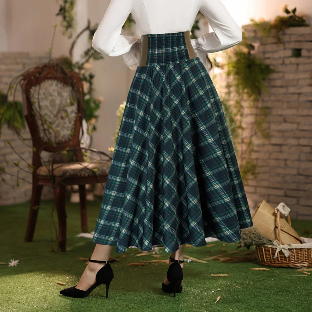 SD Women Skirts Leather High Waist Vintage Renaissance Swing Skirt Elastic Ankle Length Maxi Skirt Smocked Back Waistline Skirts