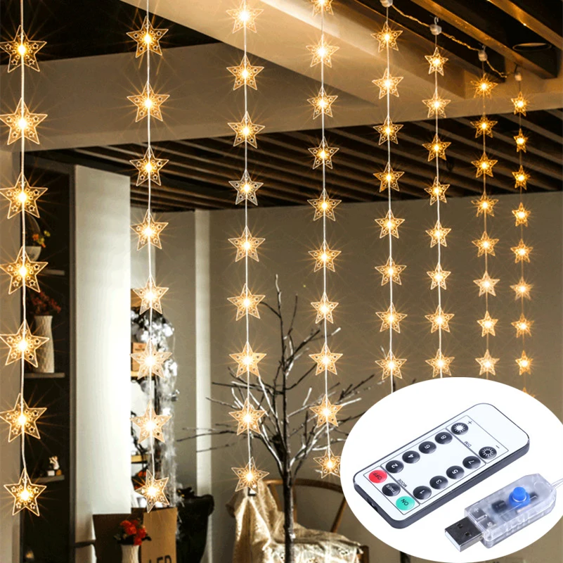 

New Year Bedroom Decorative Lamp LED Christmas Stars Curtain Light String USB Remote Fairy Garland Navidad Home Garden Decor