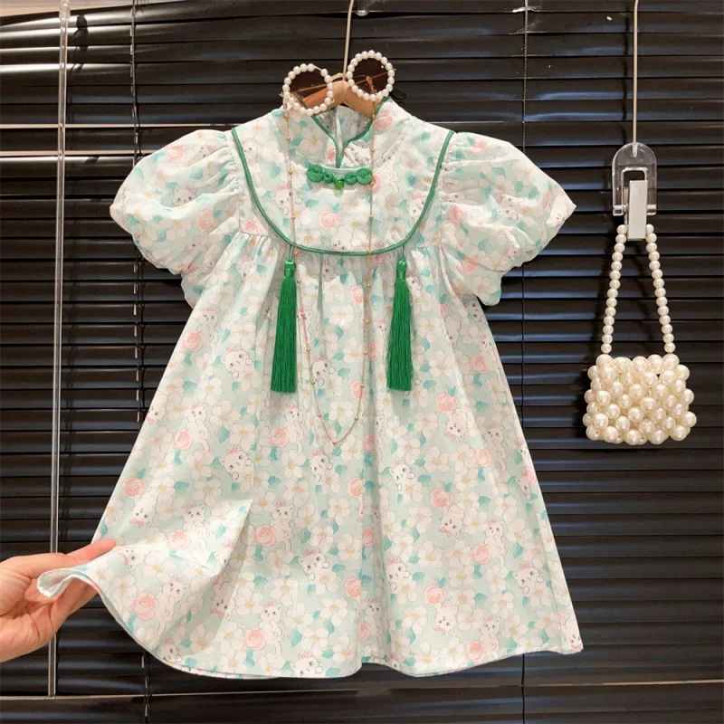 

New Girl's National Style Small Flower Puff Short Sleeve Tassel Pendant Stand Collar Princess Dress2024Summer Dress-WSNY