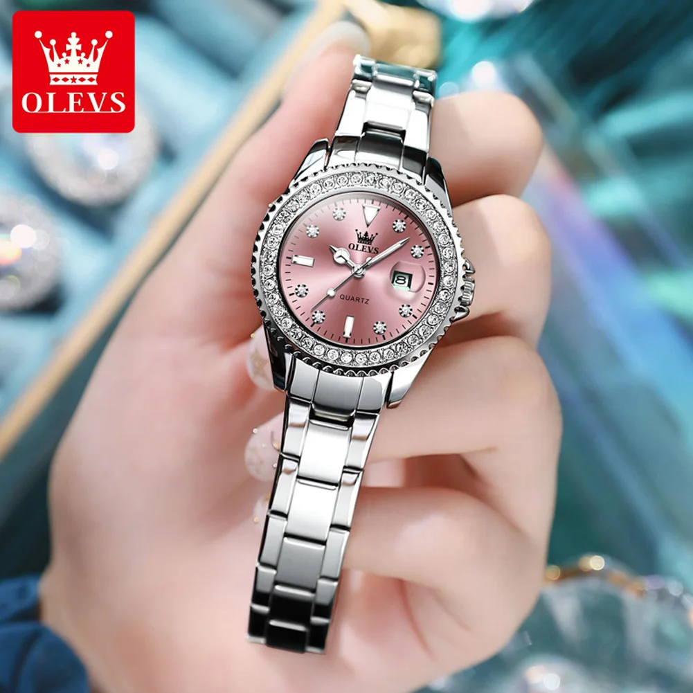OLEVS Women Watches Top Brand Luxury Diamond Quartz Watch Women Stainless Steel Waterproof Calendar Fashion Wristwatch Ladies
