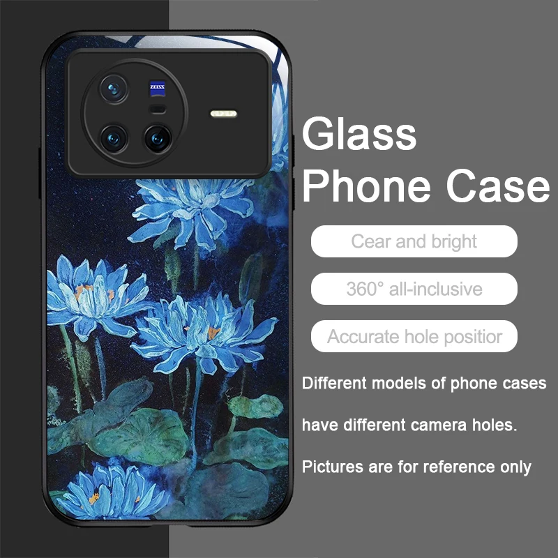 Vintage Lotus Flower Pattern Tempered Glass Phone Case - Artistic Oil Painting Design, Ultra-Durable Hard Cover