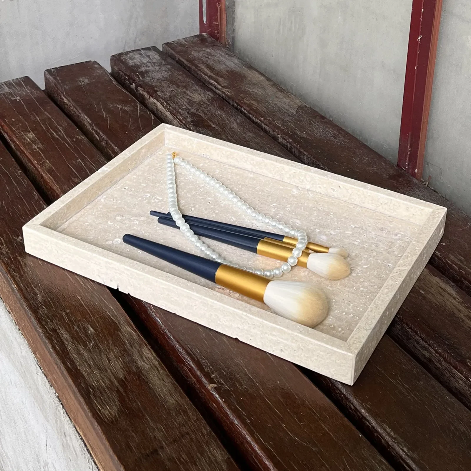 Handmade 30x20x3CM Natural Marble Yellow Travertine Rectangle Luxury Vanity Tray Stone Organizer