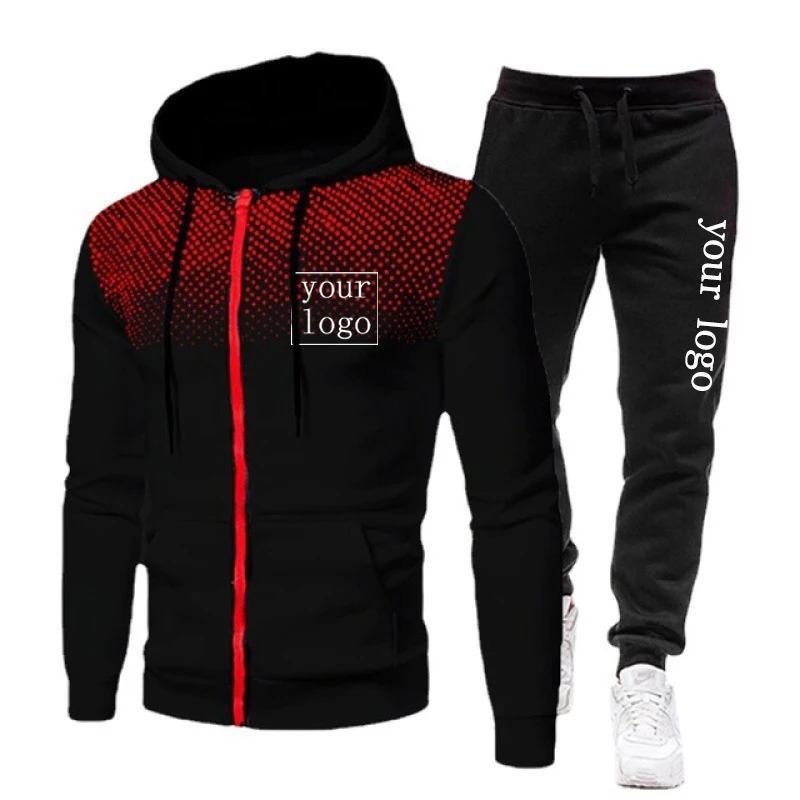 Custom Logo 2 Pieces Sets Men's Sets Polka Pot Zipper Hoodie+Pants Casual Outdoor Sportswear Jogging DIY Print Zip Up Sweatshirt