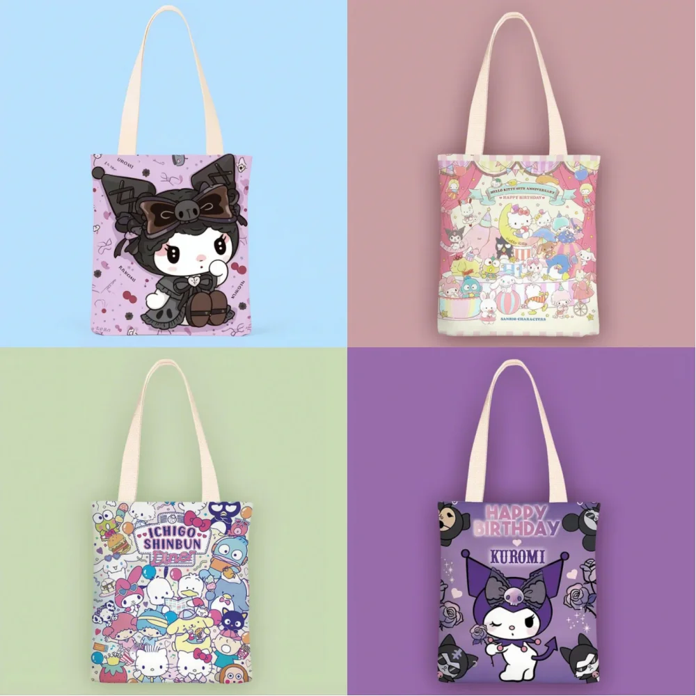 

Холщовая Сумка Sanrio Kuromi с мультяшным принтом мелодии, Женская Модная студенческая сумка, канцелярские принадлежности, портативные складные сумки для покупок