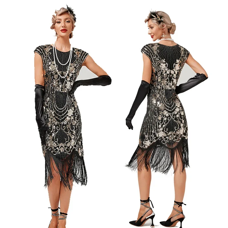 

New 1920s Vintage Flapper Sequin Tassel Dress for Women Retro Great Gatsby Charleston Prom Dress Party Dance Beaded Toast Dress