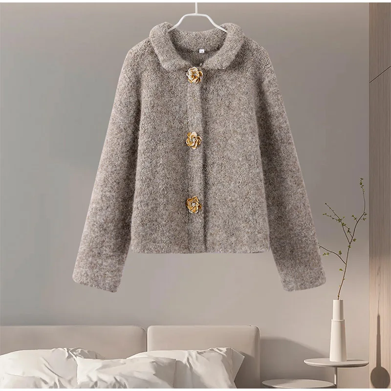 Cárdigan vintage con botones de flores 3D para mujer, suéter informal de felpa gruesa con solapa y botonadura sencilla, prendas de punto versátiles para otoño.