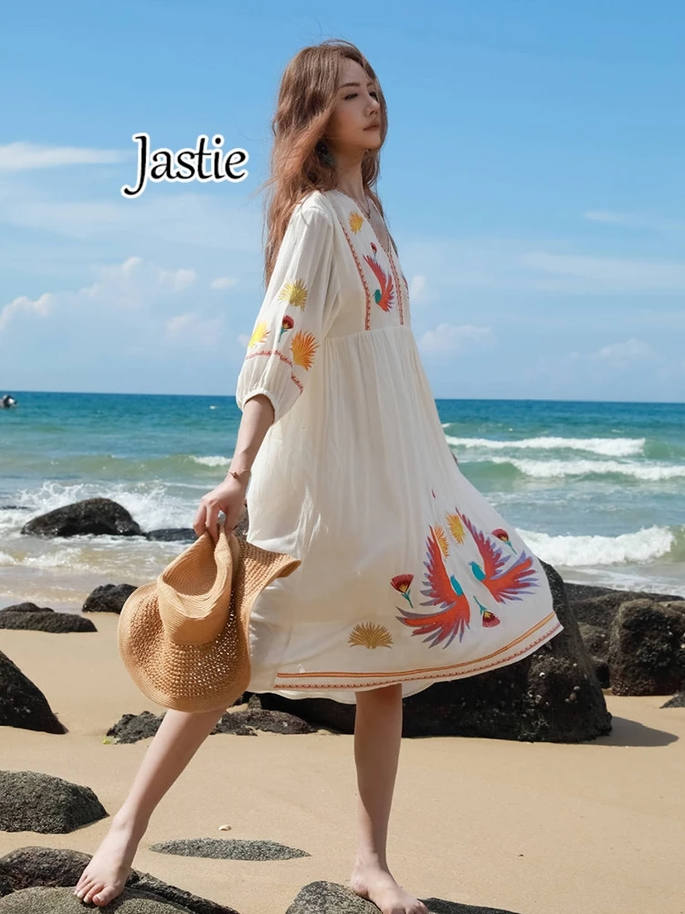 Jastie Ethnic Embroidered Dress Women's V-neck 3/4 Sleeves Retro Beach Dress Loose Seaside Vacation Dress Spring And Autumn 2025 - AliExpress 200000345 Jastie Ethnic Embroidered Dress Women's V-neck 3/4 Sleeves Retro Beach Dress Loose Seaside Vacation Dress Spring And Autumn 2025 - AliExpress 200000345