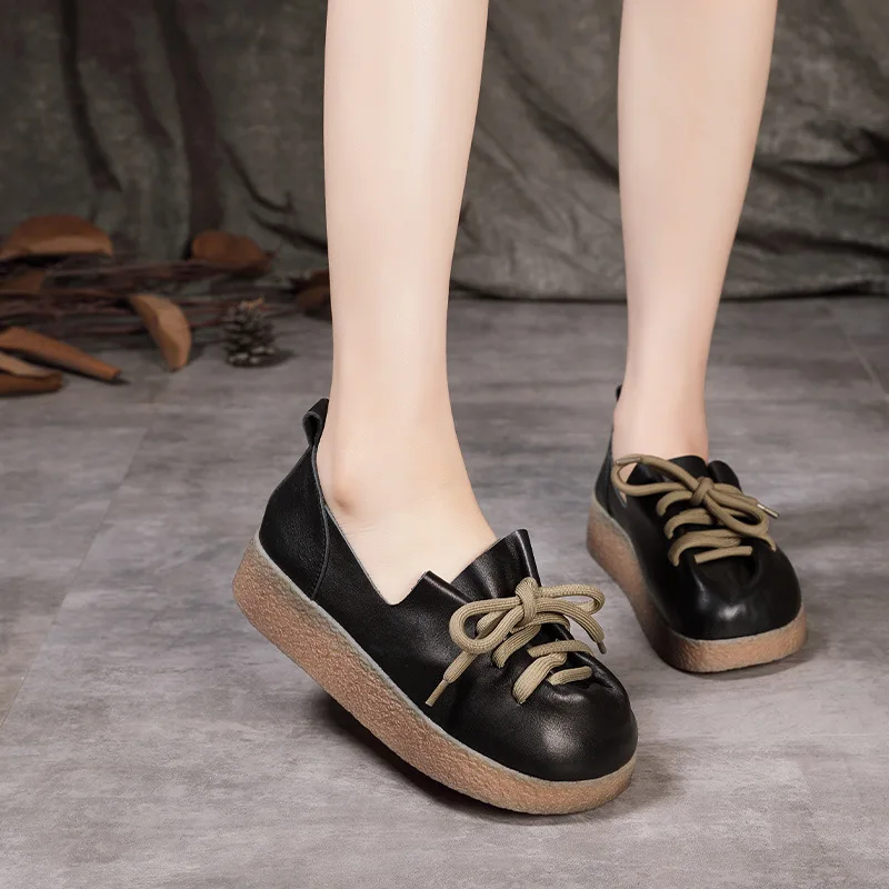 

Birkuir Genuine Leather Platform Shoes For Women Luxury Flats Lace Up Elegant Thick Heel Shoes Spring 4cm Ladies Pleated Shoes