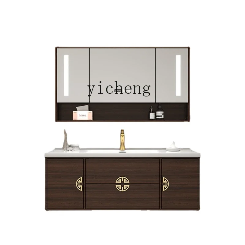 

XL Bathroom Cabinet Solid Wood Smart Washstand Hand Washing Bathroom Cabinet Combination Integrated Ceramic Basin