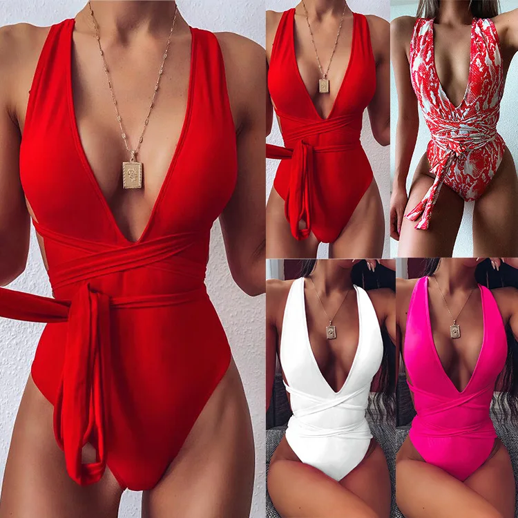 

Sexy V Neck Swimwear One Piece Swimsuit High Waist Strap Bikinis Swimwear 2023 Bandage Women Monokini Backless Barher Beachwear