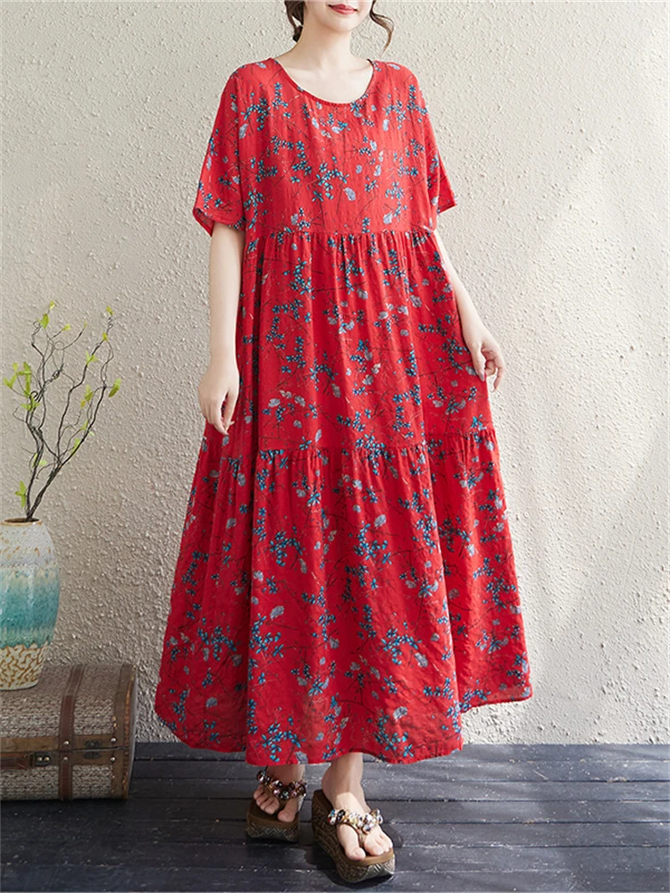 Summer Cotton Vintage Casual Loose Yellow Print Floral Dresses For Women Short Sleeve Dress Femme Robe Vestidos Elegant Clothing