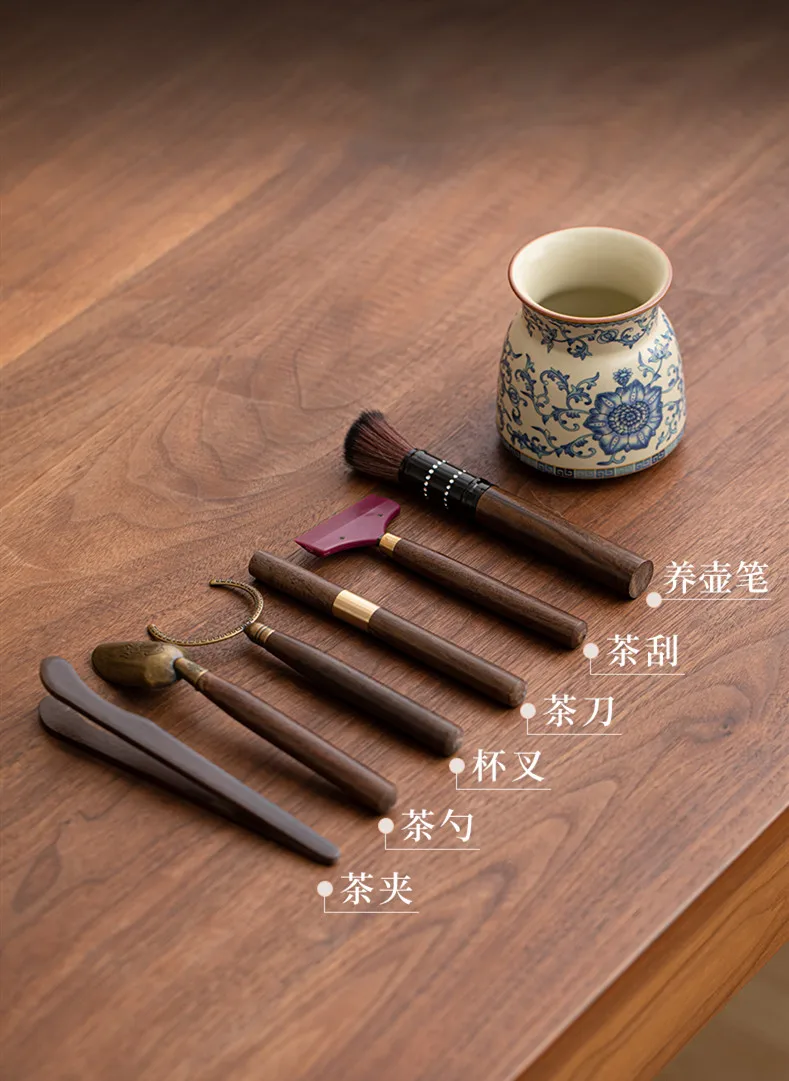 Description Picture 4 of itemChinese Blue and Flower Ru Kiln Ceramics Tea Making Tools Solid Wood Tea Ceremony Six Gentlemen Set Tea Clip Teaware Accessories