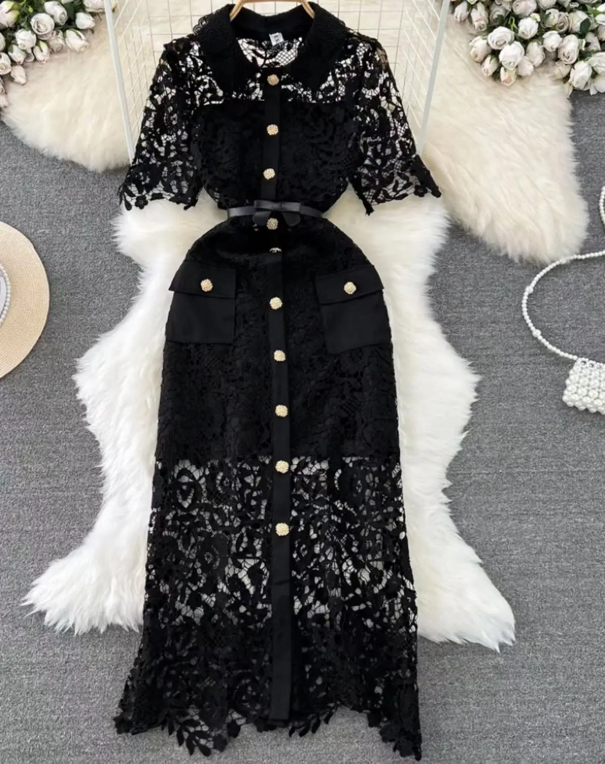 

Elegant Black Lace Shirt Long Dress Women's Lace Hooked Flower Single Breasted Dress Ladies Short Sleeve Pocket Belt Party Robe