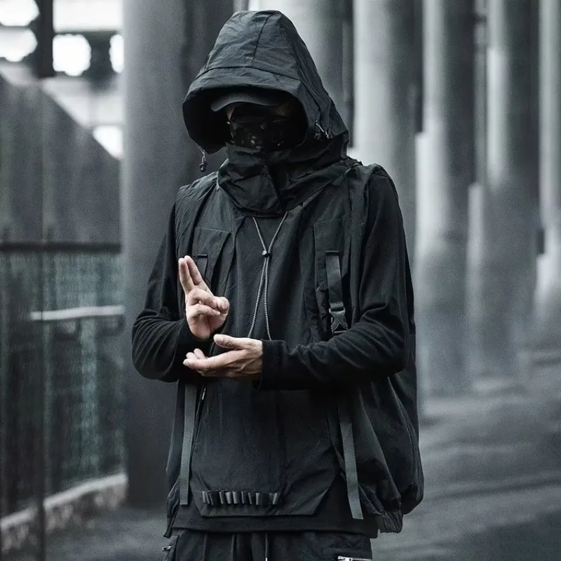 Trendy Functional Vest Harajuku Cargo Military Sleeveless Coats Men BF Loose Hooded Windproof Chamarras Para Hombre Techwear