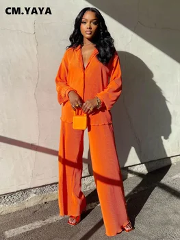 CM.YAYA Street Women's Set Long Sleeve Shirt Tops and Wide Leg Pants Elegant Tracksuit Two Piece Set Sweatsuit Fitness Outfits 1