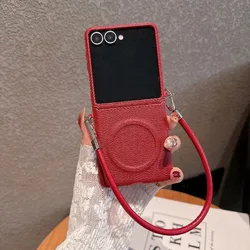 Magnetic Leather Wrist Strap Case with Magsafe Wireless Charging and Lanyard - Motorola Razr 70 (Red)