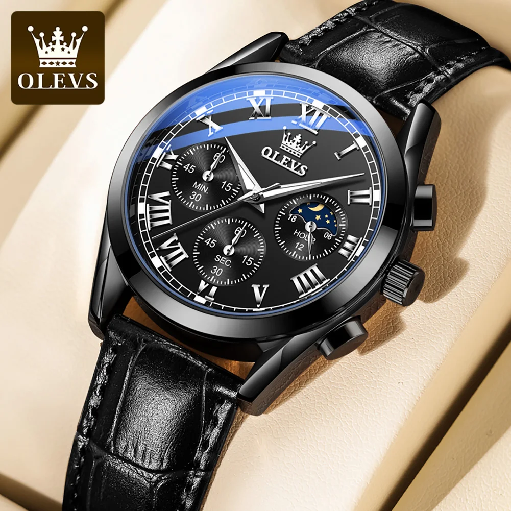 OLEVS Luxury Chronograph Men's Wristwatch – Waterproof Quartz with Moon Phase and Multifunction Features