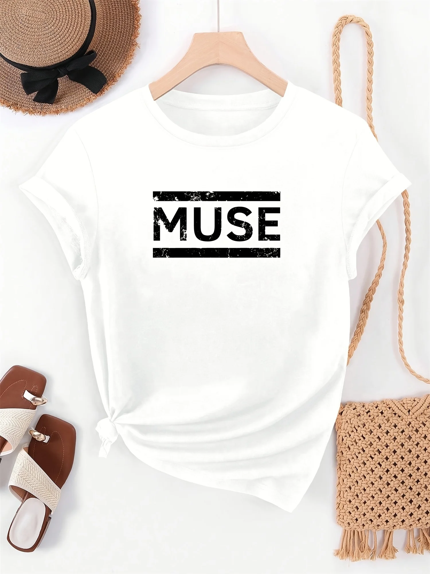 Summer Casual Short Sleeve T-Shirt with MUSE Lettering Design for Women