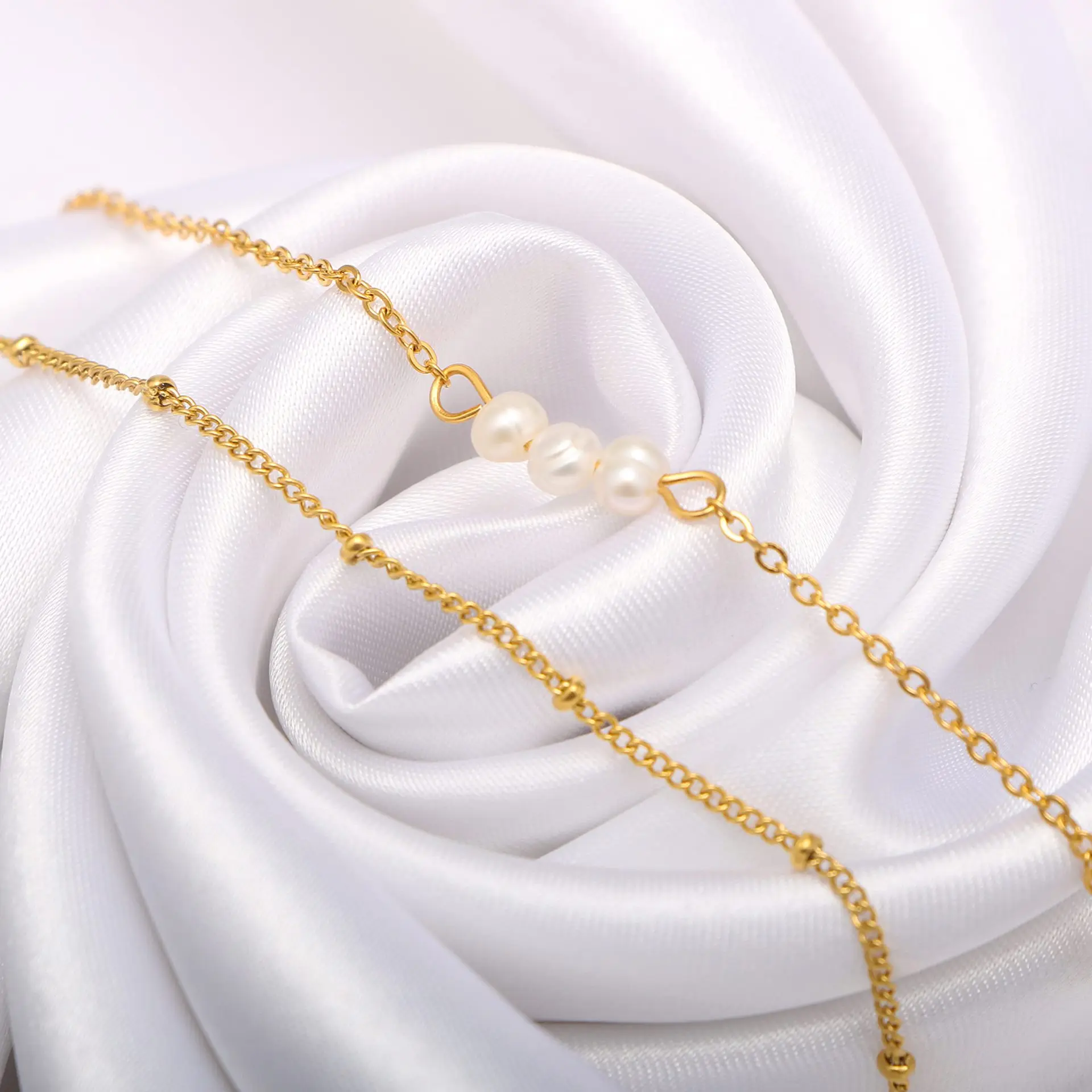 Stainless Steel Chain 18K Plated Double Layer 6mm Imitation Pearl Bracelet Women Ladies Gift photo