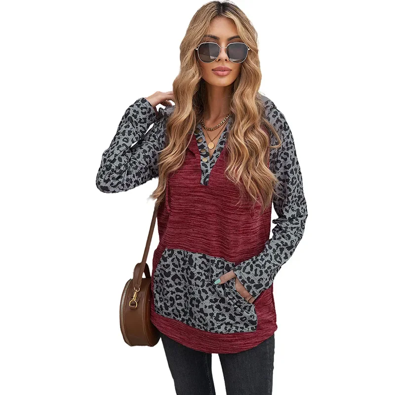 Women Sweatshirts Casual Hooded Collar Loose Pocket Pullover 2024 Spring Autumn Fashion Leopard Patchwork Long Sleeve Lady Tops