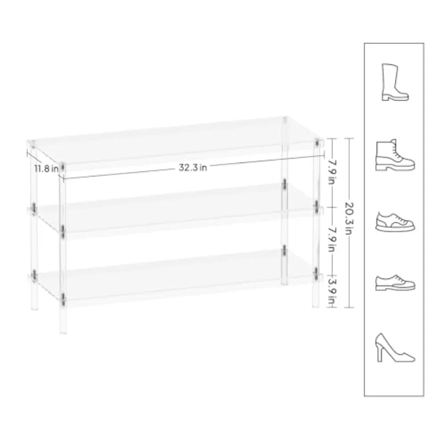 3Tier Acrylic Shoe Rack Modern Shoe Rack for Closet Shoe Storage Organizer for Entryway Bedroom Living Room 32.3'' L x 11.8'' W