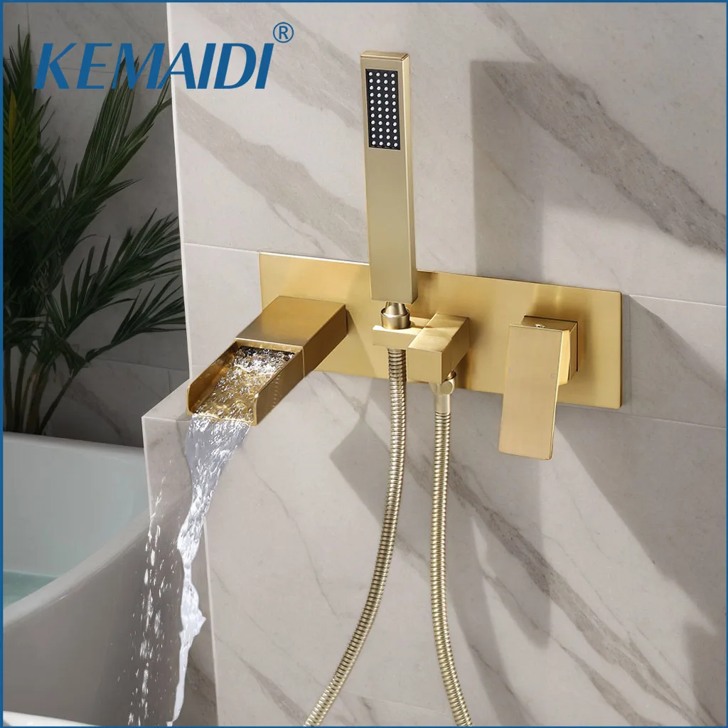 KEMAIDI น้ําตกโรมันอ่างก๊อกน้ํา Hand Shower Brushed Gold High Flow ก๊อกน้ําอ่างอาบน้ํา Tub FILLER Wall Mount ทองเหลือง TAP 1