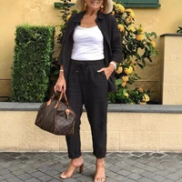 Casual Suit with Cotton and Linen Collar Suit Jacket Loose Pants Set 1