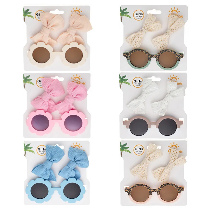 New Baby Hair Accessories Lace Kids Hairpins Sunglasses Set Summer Leopard Sun Glasses Baby Hair Clips for Girls Gift 3PCS/Pack 3pcs set for kidsartificial flower hairpins sunglasses set girls vintage geometry protective glasses headwear hair accessories