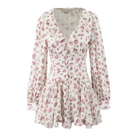 Mini robe à volants à imprimé floral Boho pour femmes, bouton avant, manches longues, col en V, robes de printemps, robe de vacances, courte, éducative, 2025 3
