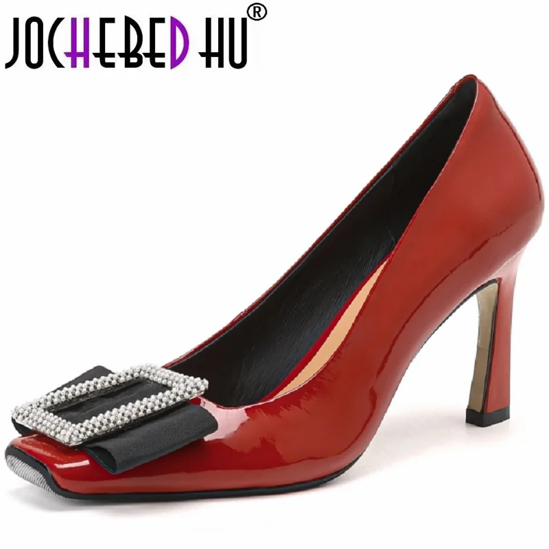 

【JOCHEBED HU】Women's New Brand Genuine Leather Square Button Single Shoes Shallow Mouth Thin Heel Rhinestone High Heels 33-40