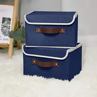 4PCS Storage Bins with Lid PU Leather Handles Storage Boxes PP Plastic Board Decorative Foldable Lidded Cotton Linen Fabric Home 1