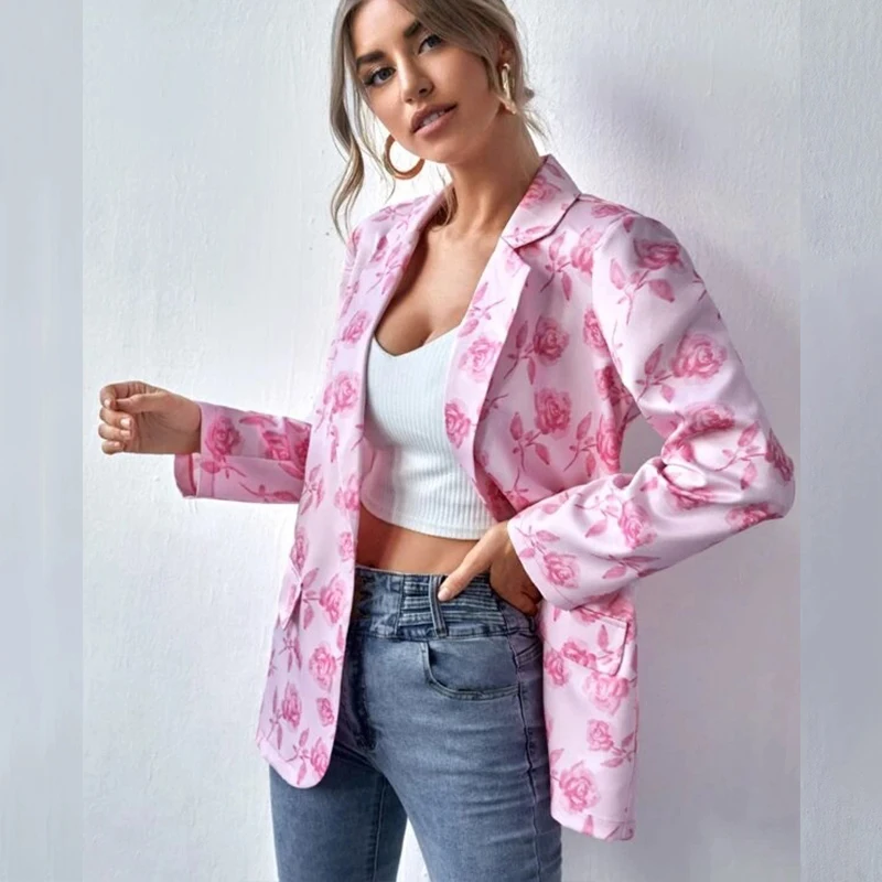 

Pink Flower Irregular Printing Loose Womens Blazer Long Sleeve Casual Tops 2022 New Autumn Sexy Elegant Office Lady Coat Jacket