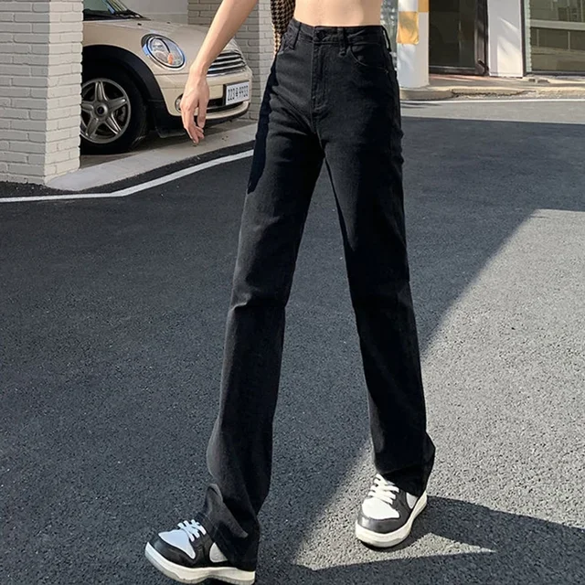 Femme coréenne taille haute Streetwear jambe droite jean filles Y2k vêtements pantalon femme mode noir Baggy Harajuku Denim pantalon 2