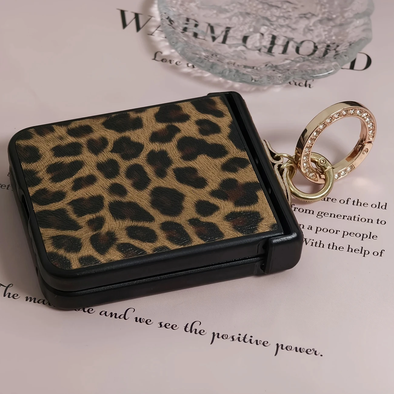 Retro Leopard Print Leather Phone Case with Diamond Plated Finger Ring Buckle
